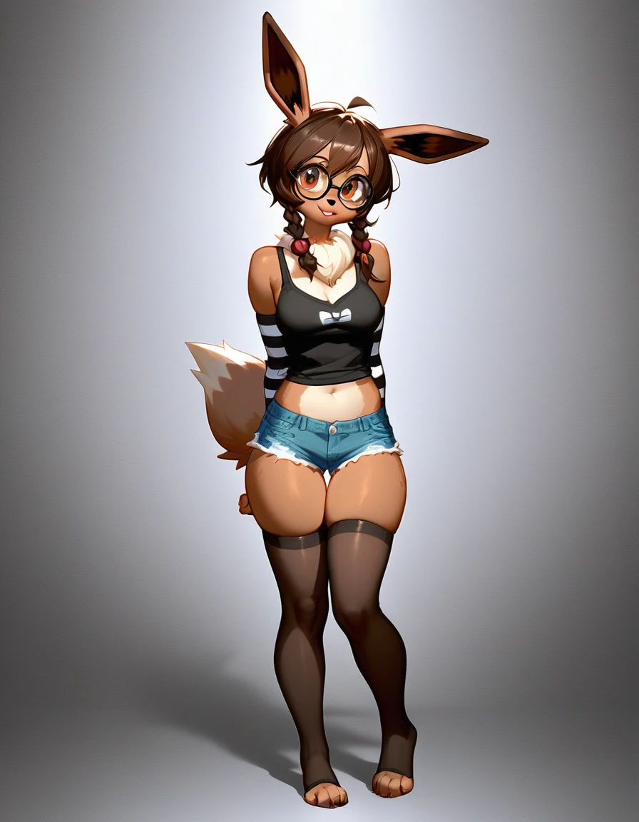 Solo, score_9,score_8_up,score_7_up, an Anthro furry female eevee pokemon, brown eyes, short brown hair, little bow in her hair, tall slender body, wearing black tank top, nerdy glasses, black arm warmers, jean shorts, black thigh highs with exposed toes, 4 toes, feet paws, hands behind back