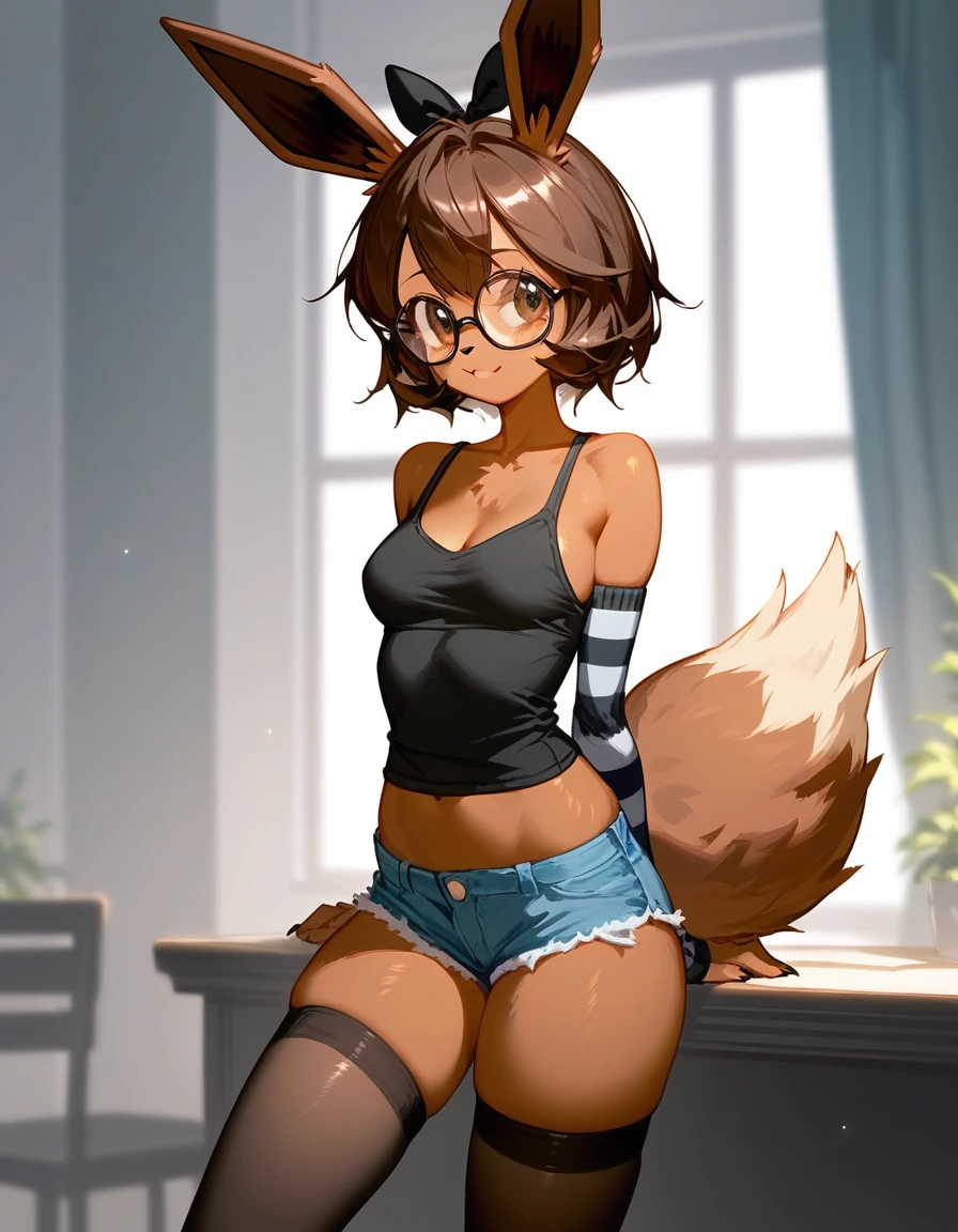 Solo, score_9,score_8_up,score_7_up, an Anthro furry female eevee pokemon, brown eyes, short brown hair, little bow in her hair, tall slender body, wearing black tank top, nerdy glasses, black arm warmers, jean shorts, black thigh highs with exposed toes, 4 toes, feet paws, hands behind back