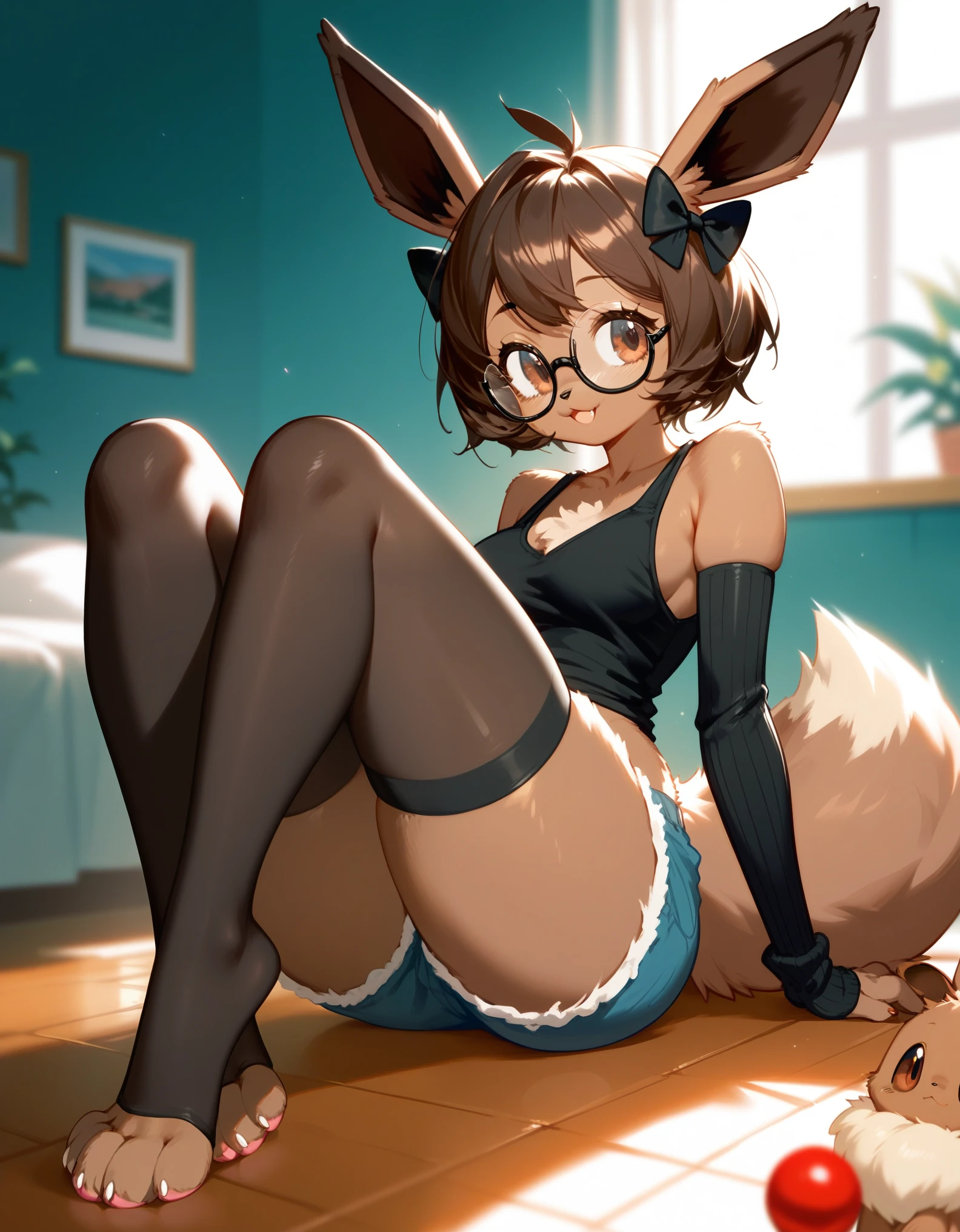 Solo, score_9,score_8_up,score_7_up, an Anthro furry female eevee pokemon, brown eyes, short brown hair, little bow in her hair, tall slender body, wearing black tank top, nerdy glasses, black arm warmers, jean shorts, black thigh highs with exposed toes, 4 toes, feet paws,