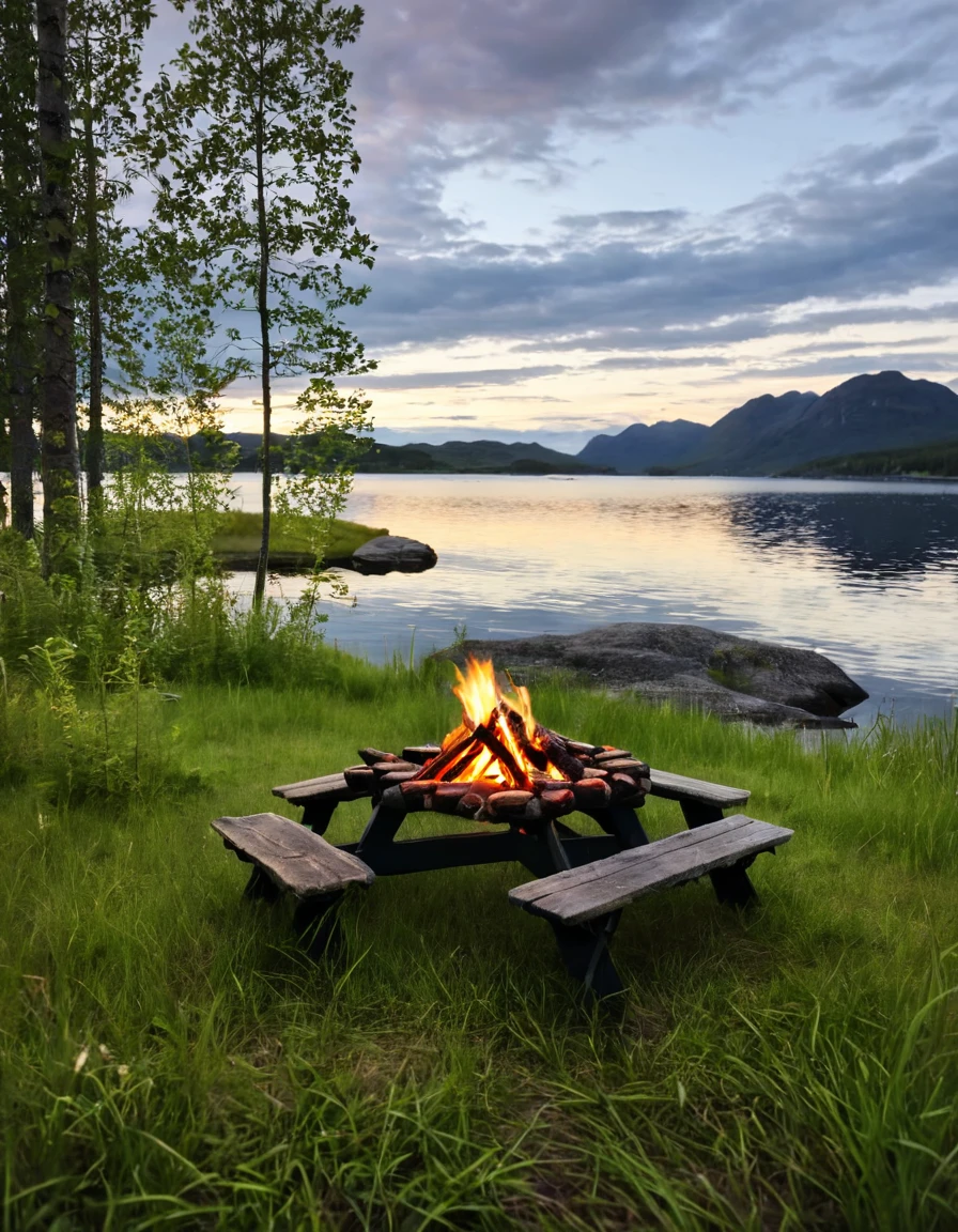 there is a campfire and a picnic table in the grass by the water, campfire in background, camping, peaceful environment, warm beautiful scene, relaxing environment, beautiful environment, setting in nature, all in the amazing outdoors view, norway, beautiful place, epic and stunning, camp fire, beautiful setting, serene environment, paradise in the background, sitting in front of a lake