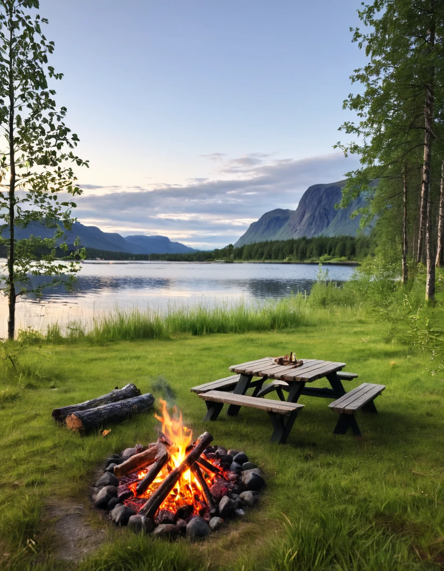 there is a campfire and a picnic table in the grass by the water, campfire in background, camping, peaceful environment, warm beautiful scene, relaxing environment, beautiful environment, setting in nature, all in the amazing outdoors view, norway, beautiful place, epic and stunning, camp fire, beautiful setting, serene environment, paradise in the background, sitting in front of a lake
