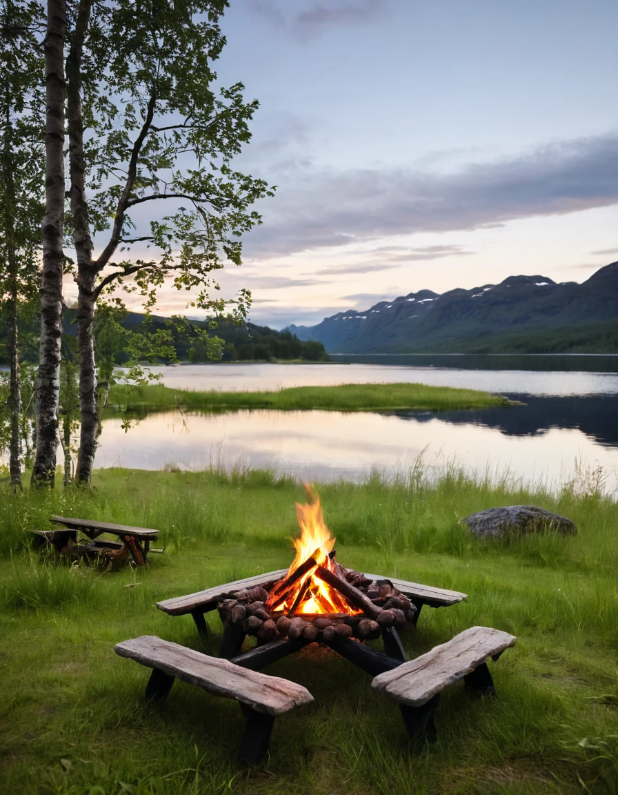 there is a campfire and a picnic table in the grass by the water, campfire in background, camping, peaceful environment, warm beautiful scene, relaxing environment, beautiful environment, setting in nature, all in the amazing outdoors view, norway, beautiful place, epic and stunning, camp fire, beautiful setting, serene environment, paradise in the background, sitting in front of a lake