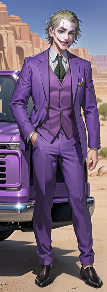 Portrait of a man in his 40s、standing、silver hair、(the joker:1.2)、purple dress , smile , Long body、 、desert background、(holding eggs:1.1) , (purple pickup truck :1.2)