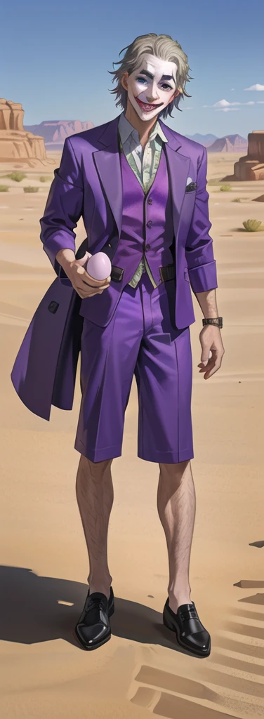 Portrait of a man in his 40s、standing、silver hair、(the joker:1.2)、purple dress , smile , Long body、 、desert background、(holding eggs:1.1) , (purple pickup truck :1.2)