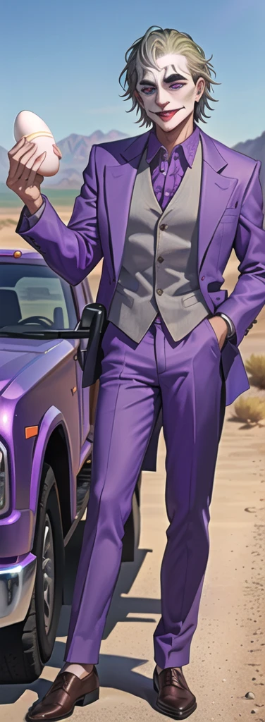 Portrait of a man in his 40s、standing、silver hair、(the joker:1.2)、purple dress , smile , Long body、 、desert background、(holding eggs:1.1) , (purple pickup truck :1.2)