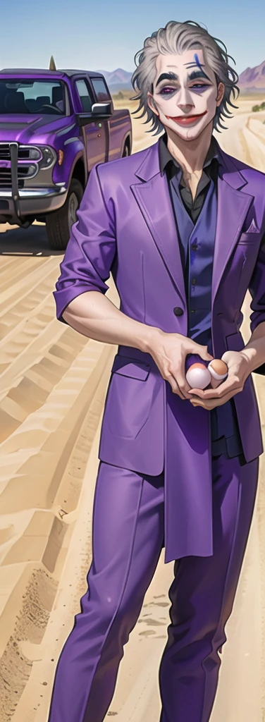 Portrait of a man in his 40s、standing、silver hair、(the joker:1.2)、purple dress , smile , Long body、 、desert background、(holding eggs:1.1) , (purple pickup truck :1.2)