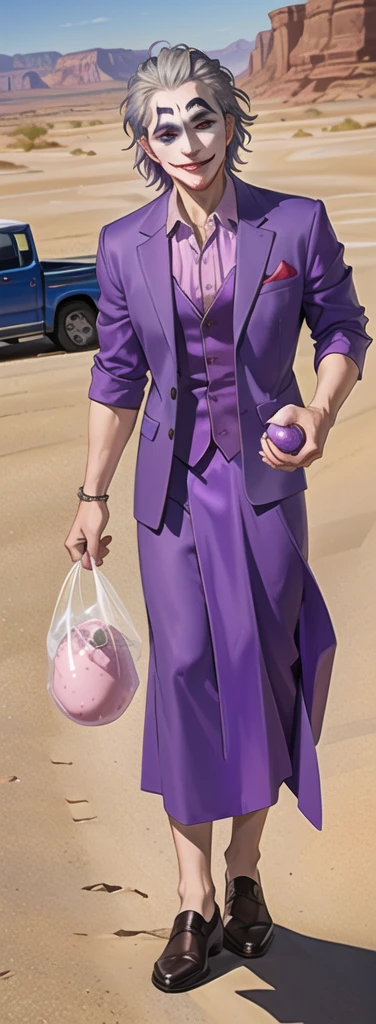 Portrait of a man in his 40s、standing、silver hair、(the joker:1.2)、purple dress , smile , Long body、 、desert background、(holding eggs:1.1) , (purple pickup truck :1.2)