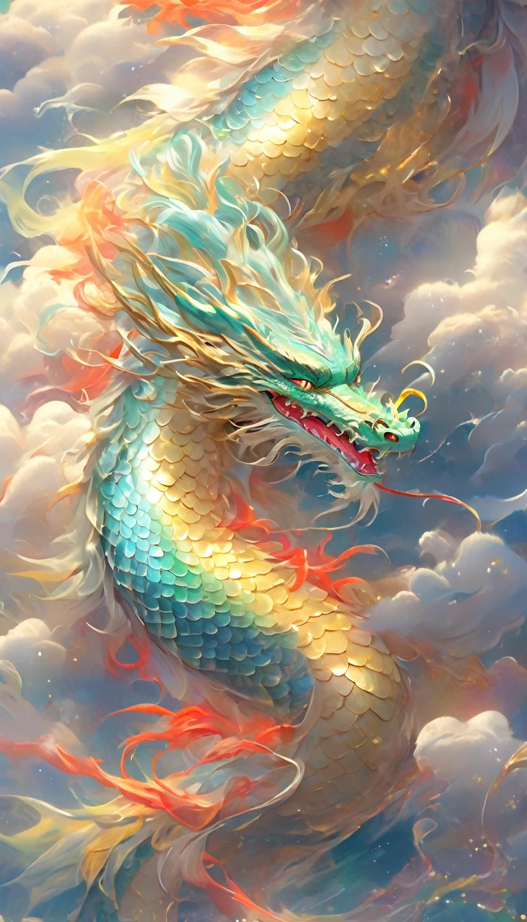 A dragon rises from the sea of clouds、Carrying great happiness、A giant gold and red body、High detail、high resolution、High color rendering、High resolution、Surreal、Realistic、Rainbow-colored、Pastel colored scales