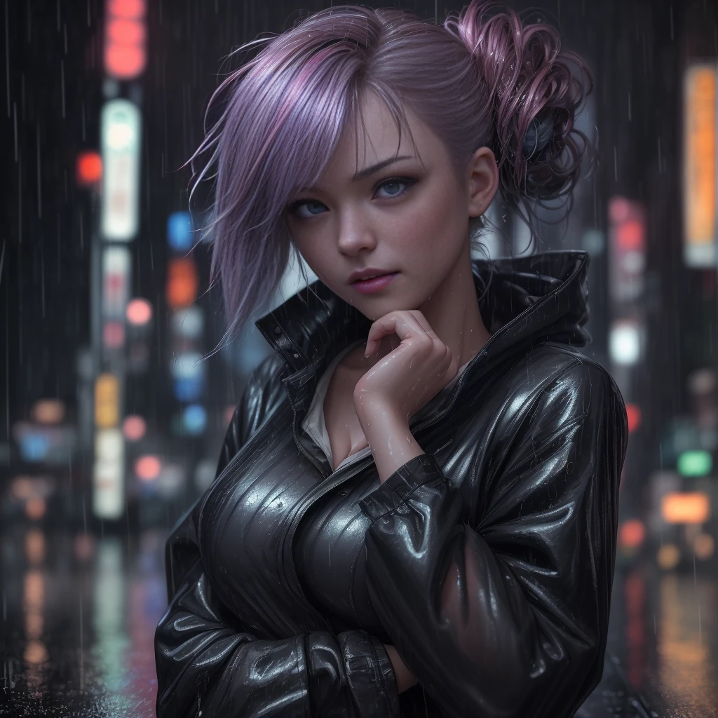 An 8k, RAW photo of the highest quality, a masterpiece with realistic, photo-realistic elements, depicting a rainy night on a Tokyo street. The cityscape is wet and illuminated by the soft lights of a cyberpunk city. A girl with an extremely beautiful face is featured in the bust shot, her hands down, sporting a random hairstyle, hair color, and expression.