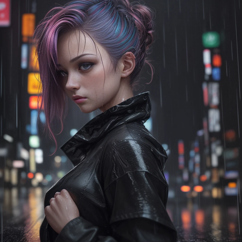 An 8k, RAW photo of the highest quality, a masterpiece with realistic, photo-realistic elements, depicting a rainy night on a Tokyo street. The cityscape is wet and illuminated by the soft lights of a cyberpunk city. A girl with an extremely beautiful face is featured in the bust shot, her hands down, sporting a random hairstyle, hair color, and expression.