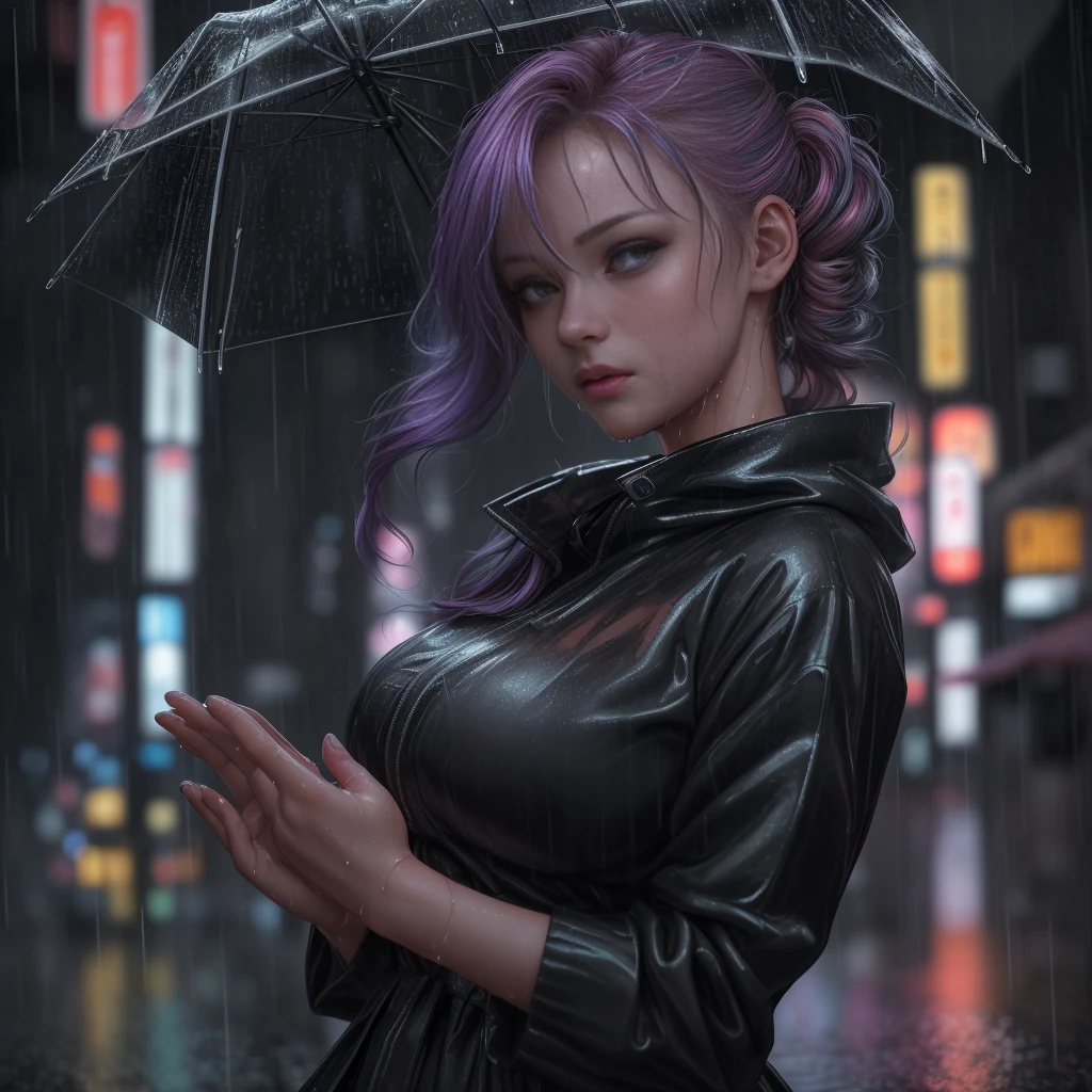 An 8k, RAW photo of the highest quality, a masterpiece with realistic, photo-realistic elements, depicting a rainy night on a Tokyo street. The cityscape is wet and illuminated by the soft lights of a cyberpunk city. A girl with an extremely beautiful face is featured in the bust shot, her hands down, sporting a random hairstyle, hair color, and expression.