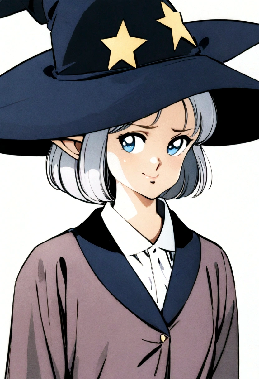 Wizard、highest quality、masterpiece、Bob、alone、Girl in her 20s、blue eyes、Wizard、Bright silver hair、White Background、Use star magic、Big hat、Elf、Are standing、Clothes that cover the whole body、Smug face