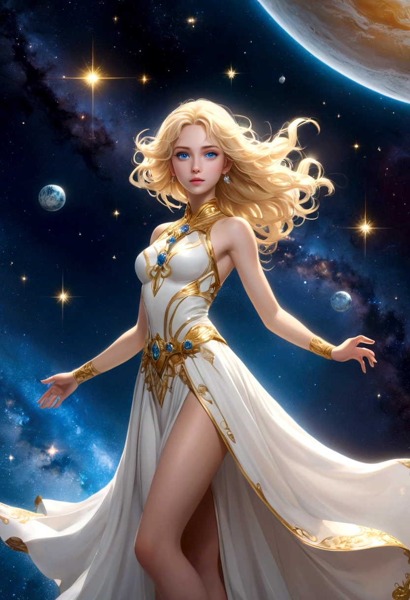 (masterpiece、highest quality、High resolution、8k)、Alone in space、The most beautiful goddess in the universe、Standing posture、(whole body、Super beautiful、Perfect figure)、White Dress、Blonde Hair、Beautiful Blue Eyes、Graceful operation、Gold and diamond ornament、(Floating in space like a star、Floating、Floating)、(金色の光がwhole bodyを包んでいる)、The universe is full of light、The Universe is Infinite、The background is a myriad of stars and nebulae、(Photorealistic:1.3)、High Contrast、