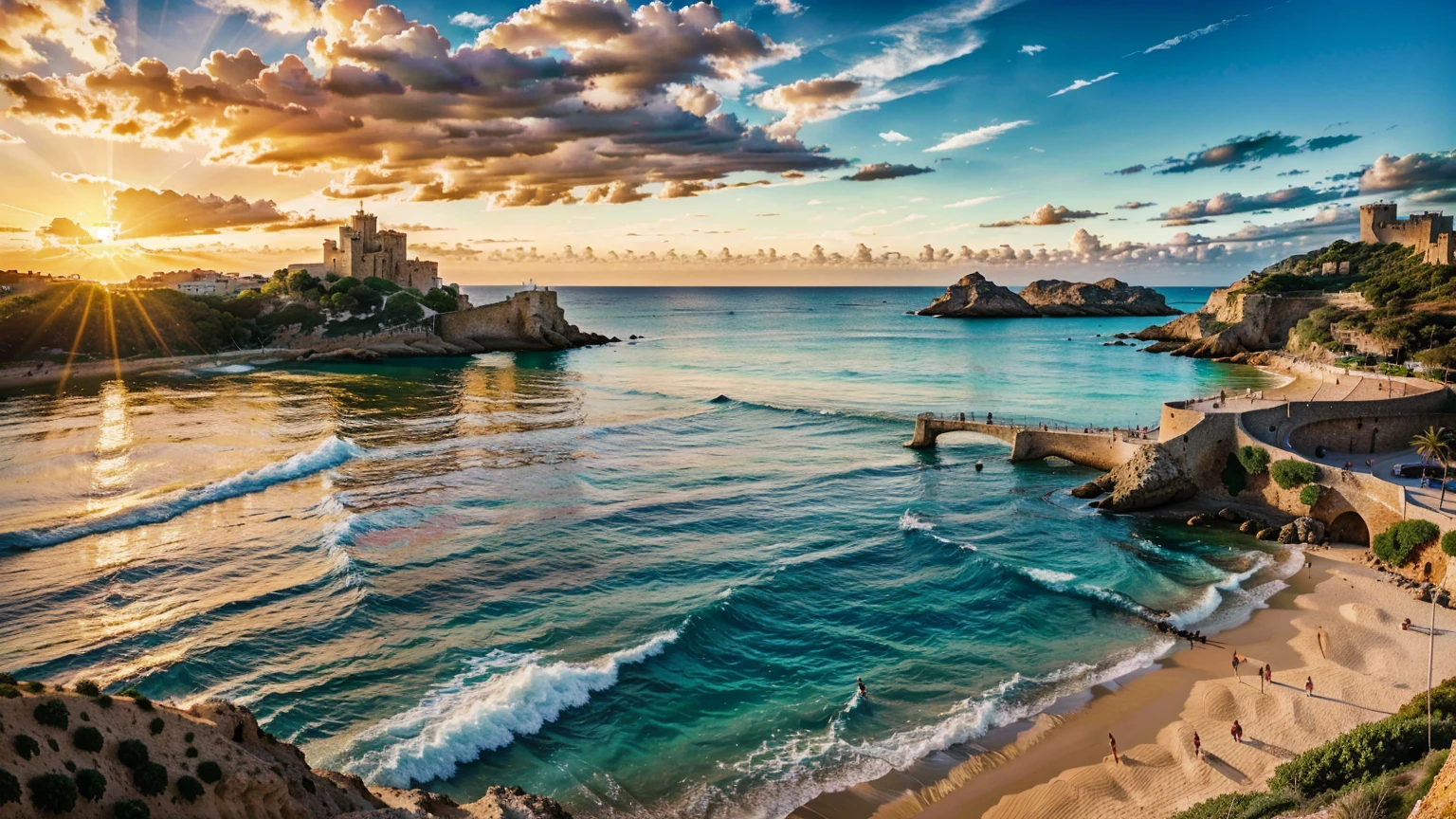 A detailed, photorealistic landscape of the Castell de Eivissa beach, Ibiza, Spain, with a stunning medieval castle in the background, crystal clear turquoise waters, golden sandy beaches, and lush green palm trees swaying in the gentle breeze, (best quality,8k,highres,masterpiece:1.2),ultra-detailed,(realistic,photorealistic,photo-realistic:1.37),landscape,cinematic lighting,warm color tones,vibrant colors,golden hour,dramatic sky,clouds,picturesque,serene,tranquil