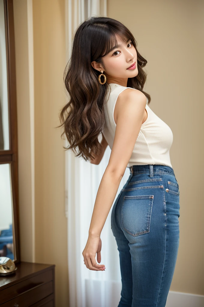 Showing off her big hips wrapped in jeans, buttocks, ass,Lover's room, Apartment manager, ((full body)), ((photo)), ((best qualtiy, 8K, tmasterpiece: 1.3)), Focus: 1.2, perfect figure beautiful woman: 1.4, 1woman, cowboy shot, look at viewer, incredibly absurd, beautiful and cute woman with a photorealistic face, showcasing top-quality craftsmanship, A Japanese woman inspecting the equipment in her room, 31 years old, shoulder-length, medium-long brown hair, wavy and shiny, with bangs, round face, big brown eyes, soft smile, neat eyebrows, small nose, plump lips, white skin, smooth skin, healthy complexion, healthy, glamorous, large butt, 157cm tall, G-cup breasts, white blouse, dark blue jeans, beige vest, small gold earrings, silver watch, pretty older woman, beautiful, married woman, neat, cute voice, calm, kind, Responsible, curious, gentle, May