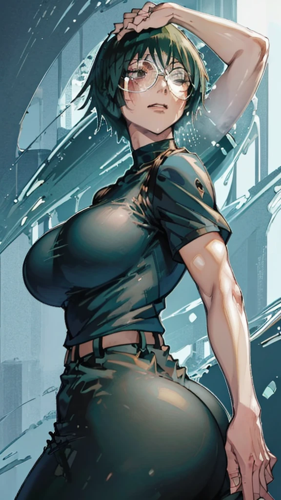 ((best quality)), ((masterpiece)), (detailed), perfect face, green hair, short hair, blue top, crop top, blue fitted dolphin shorts, huge breasts, huge ass