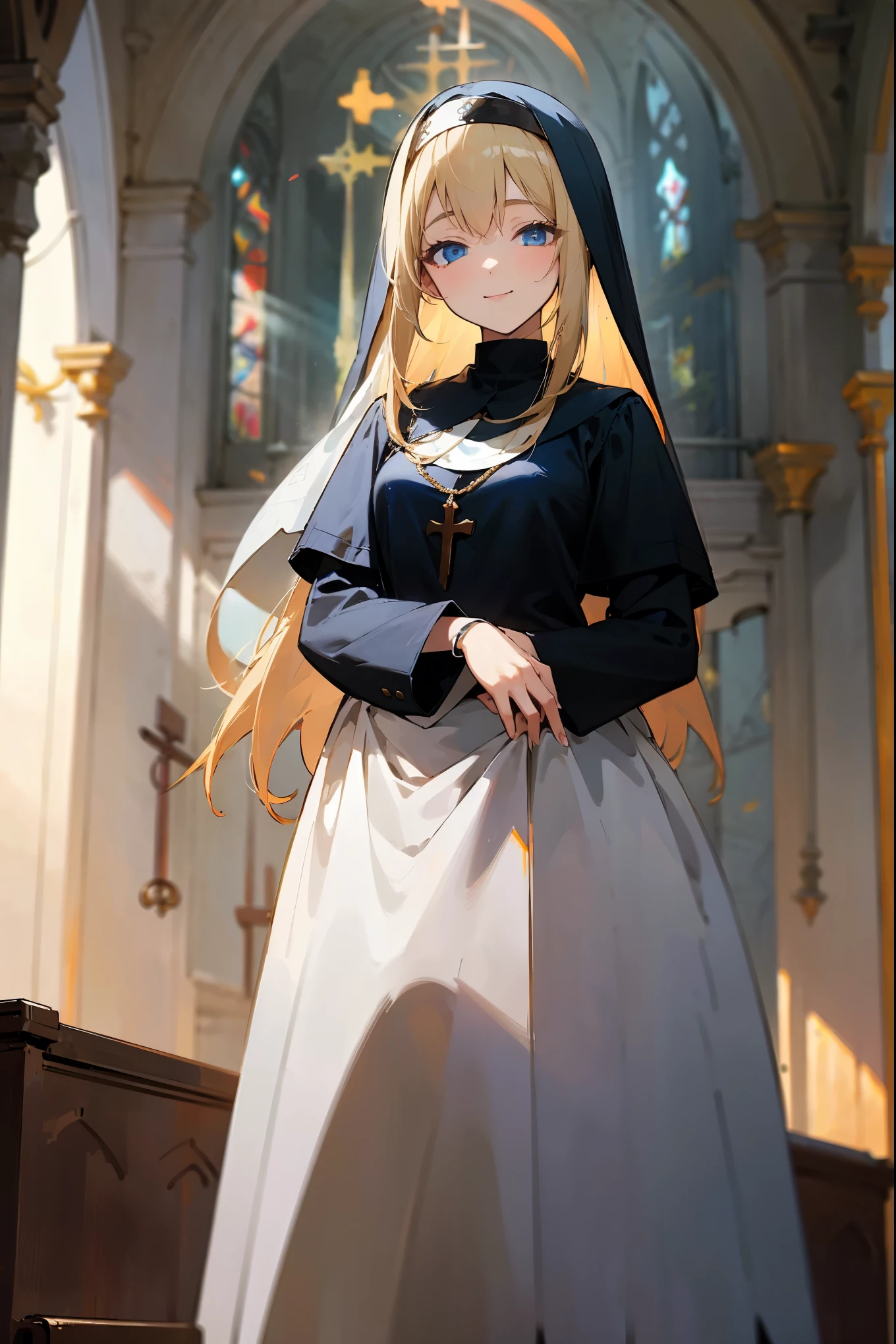 1female, blonde hair, blue eyes smiling, nun outfit, church background, detailed background, hands to side, standing on path