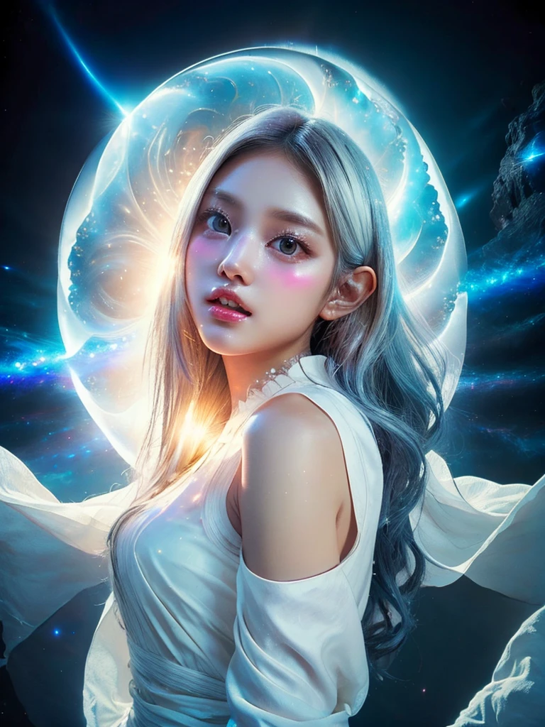 4K Ultra HD, masterpiece, A girl with a magical aura, Nice face, Long Hair, Shiny Hair, Fine grain, Glossy lips, Nude 1.5, Aura around the body, Magical Effects, Spreading white light, Cosmic elements and ethereal atmosphere, A mix of bright lights and colorful nebulae, Space Background,, Full Body Capture.(((Whitening 1.5)))、Silver Hair、(((Wearing white cloth 1.5)))、Hair and fabric fluttering in the wind、、Full Body Shot、Open your mouth、(((1.5)))、