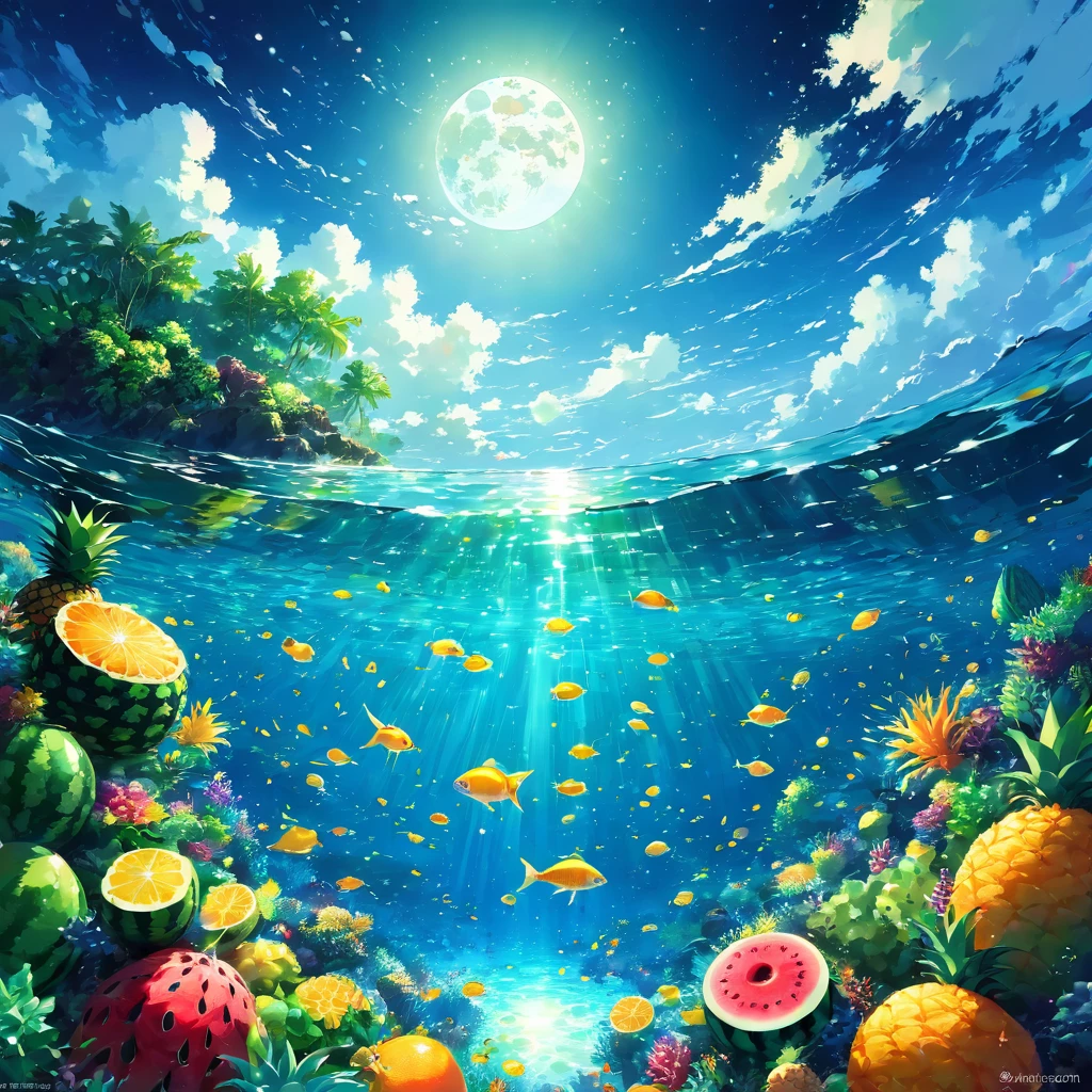 Coral礁, night、Ocean, transparency, green, light blue, green, fish, 熱帯fish, Coral, Colorful, Light, moon, water surface, Sparkle, fruit, fruits, Floating, pineapple, watermelon, banana, orange, apple, interesting, null, cloud, face, animal, shape, Playfulness, Paradise, Tropical,beautiful Anime Scenery, Landscape painting, Beautiful digital painting, Andreas Rocha, Beautiful artwork illustration, Awesome Wallpapers, Raymond Han, Tall beautiful paintings, スタジオグリブリー 新Ocean誠, Beautiful Wallpapers, Anime Scenery