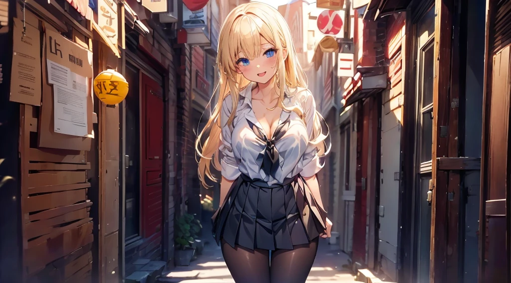 ((masterpiece、best quality、Super detailed))、A girl、gal、Blonde、pink gradient、long hair、curls、Light blue eyes、Evil smile、((Open your mouth and stick out your tongue))、Medium breasts、((White shirt))、Short sleeve、black tie、((Black pleated skirt))、Cowboy shooting、((bend over:1.2))、Shooting from the front,indoor,(Outside the door)