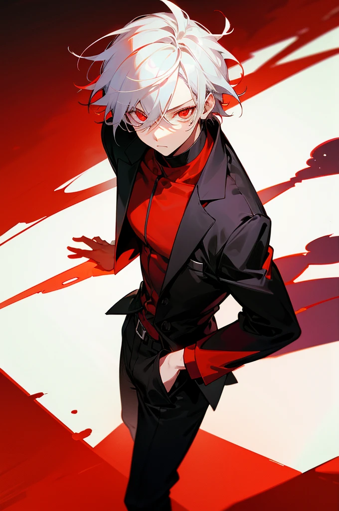 hight resolution,close range、Anime boy with white hair and red eyes staring at camera, Glowing red eyes,slim, dressed in a black outfit,Shadow Body,colorful backdrop,hair messy