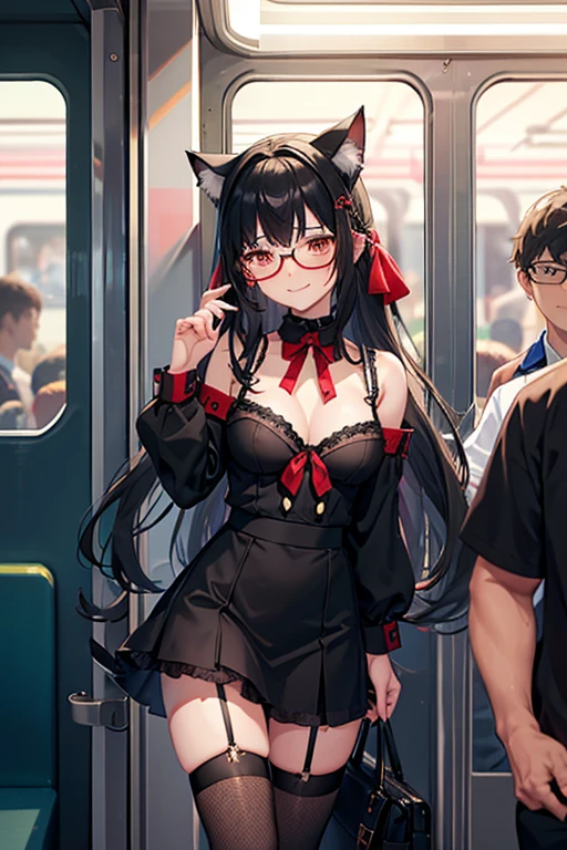 18 yeas old, girl, black hair, long hair, slim, big tits, narrow red eyes, cute, cat ears, glasses, 
(embarrassed,  blush:1.2), (ecstasy:1), (think:1.6), (smile:1.1), sailor uniform, See-through, ribbon, fishnet, garter belt, frills, Kneesocks, high heels, blue rose, headdress, frontal, standing, crowded train, centet of attention, inside the train,