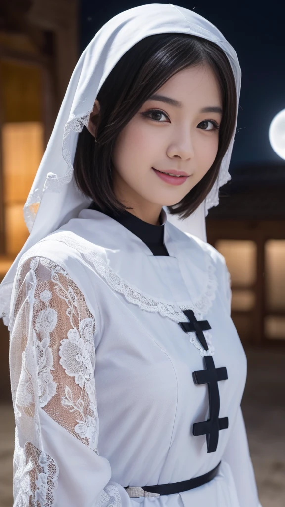 (A Ultra cute young Japanese nun:1.75),(she wearing a decorated with lace nun costume slim fit:2.0),(beautiful detailed eyes:2.0),beautiful detailed lips, (extremely detailed cute face:2.0), longeyelashes, (slender woman body:2.0), (beautiful short hair:2.0), (natural makeup,big smile:1.5), incredibly beautiful skin,(professional lighting, bright lighting, photorealistic, 8k, high resolution, best quality, masterpiece, ultra-detailed:1.75), vivid colors, (Moonlit Night:1.5),(The moonlight shines on her face:1.2),(She is in the convent:1.2)