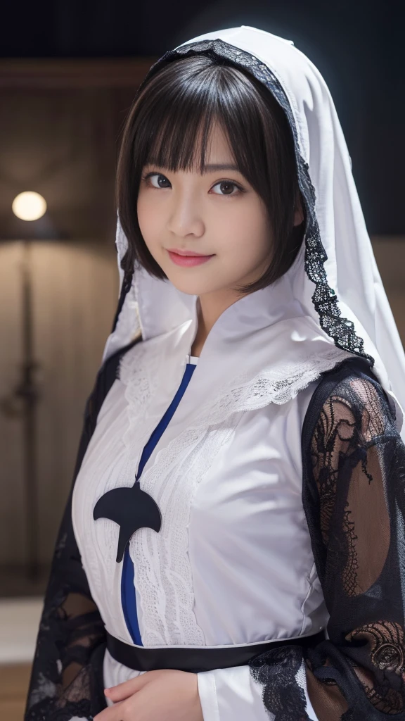 (A Ultra cute young Japanese nun:1.75),(she wearing a decorated with lace nun costume slim fit:2.0),(beautiful detailed eyes:2.0),beautiful detailed lips, (extremely detailed cute face:2.0), longeyelashes, (slender woman body:2.0), (beautiful short hair:2.0), (natural makeup,big smile:1.5), incredibly beautiful skin,(professional lighting, bright lighting, photorealistic, 8k, high resolution, best quality, masterpiece, ultra-detailed:1.75), vivid colors, (Moonlit Night:1.5),(The moonlight shines on her face:1.2),(She is in the convent:1.2)