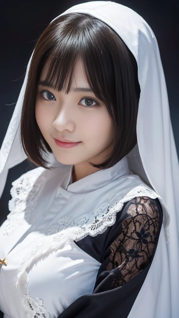 (masturbation:2.0),(A Ultra cute young Japanese nun:2.0),(she wearing a decorated with lace nun costume and scart slim fit:2.0),(beautiful detailed dropped eyes:2.0),beautiful detailed lips, (extremely detailed cute and beautiful face:2.0), longeyelashes, (slender woman body:1.5), (beautiful short hair:2.0), (natural makeup,big smile:1.5), incredibly beautiful skin,(professional lighting, bright lighting, photorealistic, 8k, high resolution, best quality, masterpiece, ultra-detailed:1.75), vivid colors, (Moonlit Night:1.5),(The moonlight shines on her face:1.2),(She is in the convent:1.2)