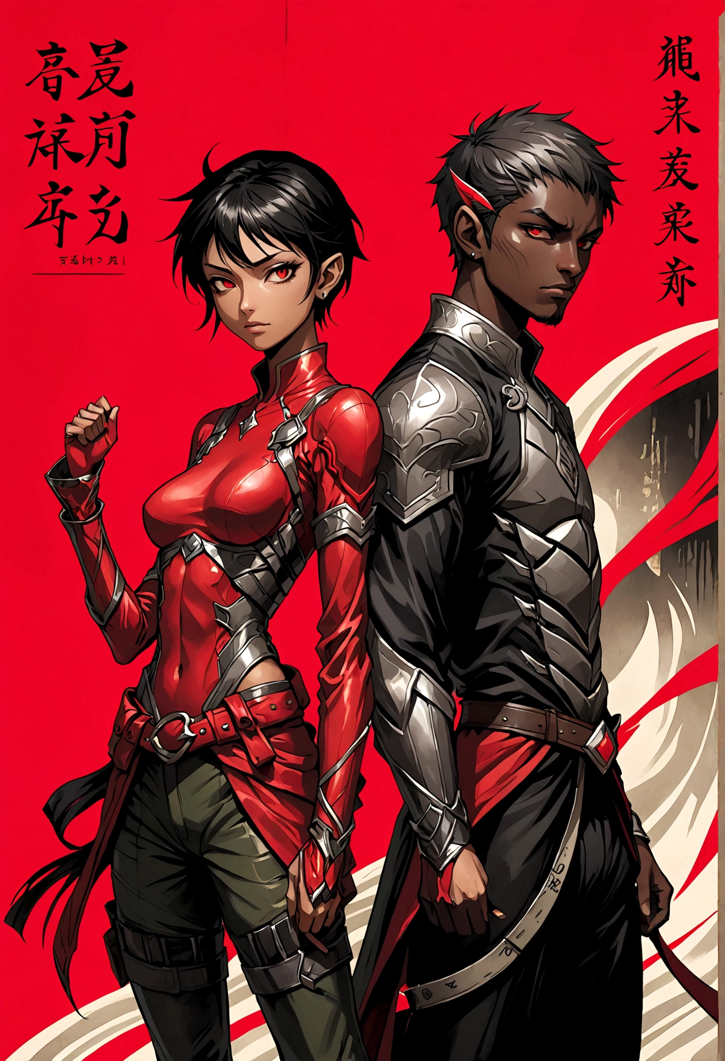 Black skin elf female and elf male, shining red, street clothing, Black and red background, serious face, against on wall, Japanese writing on the edges, written Shangri-La, persona manga style art
