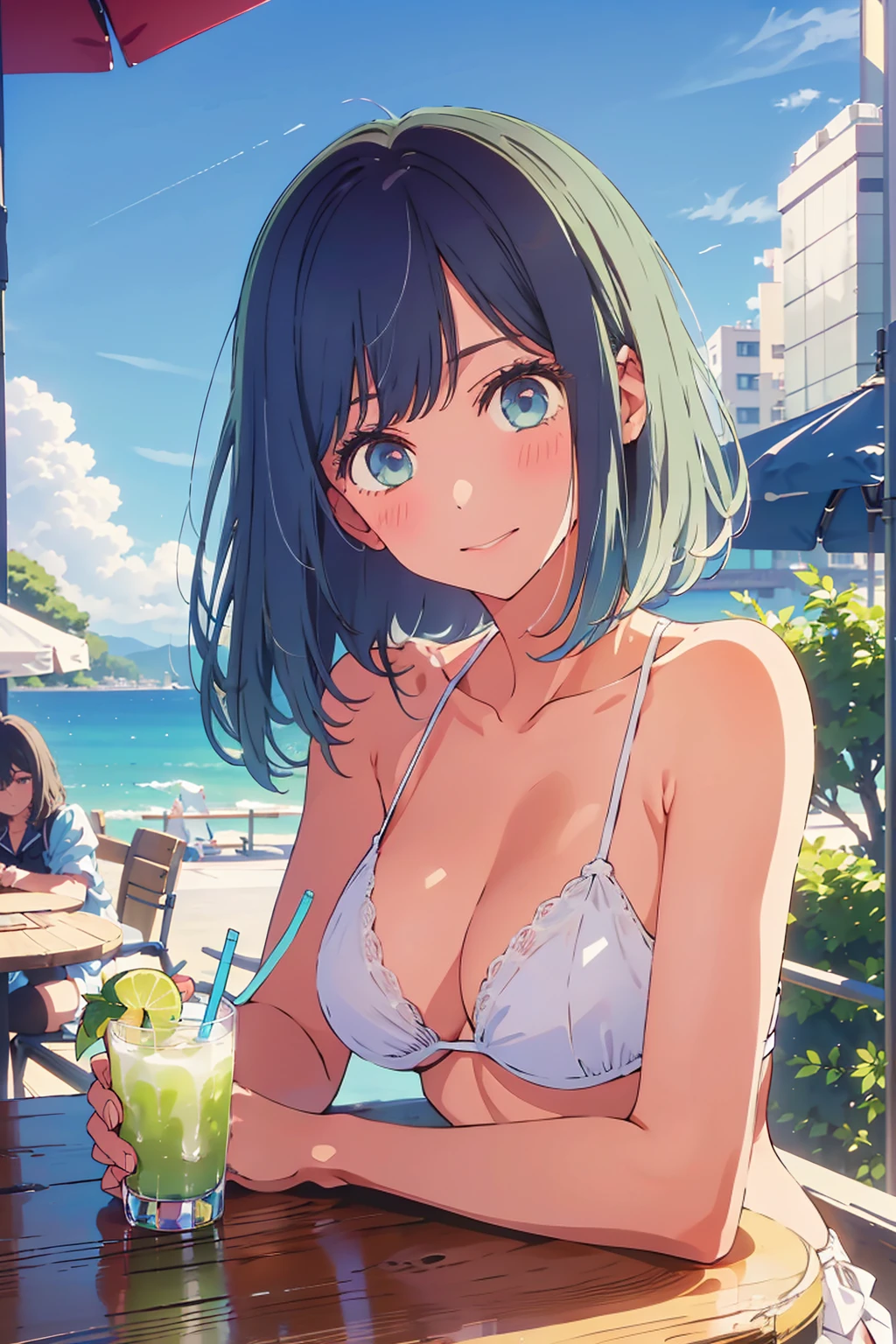 highest quality,8k,detailed,F cup bust、Big Breasts、Very cute face、Slim and beautiful arms、Slim body、Very white beautiful skin、((((1 person、looking at the camera、smile、Thin white bikini、smile、sit、In the background are the urban buildings of Tokyo、Outdoor café terrace、Drink juice、Cheek resting on hand、coastal、table))))、I can see the deep blue sky、She tilted her head slightly、The atmosphere is bright and lively、The woman is at the center of the image。