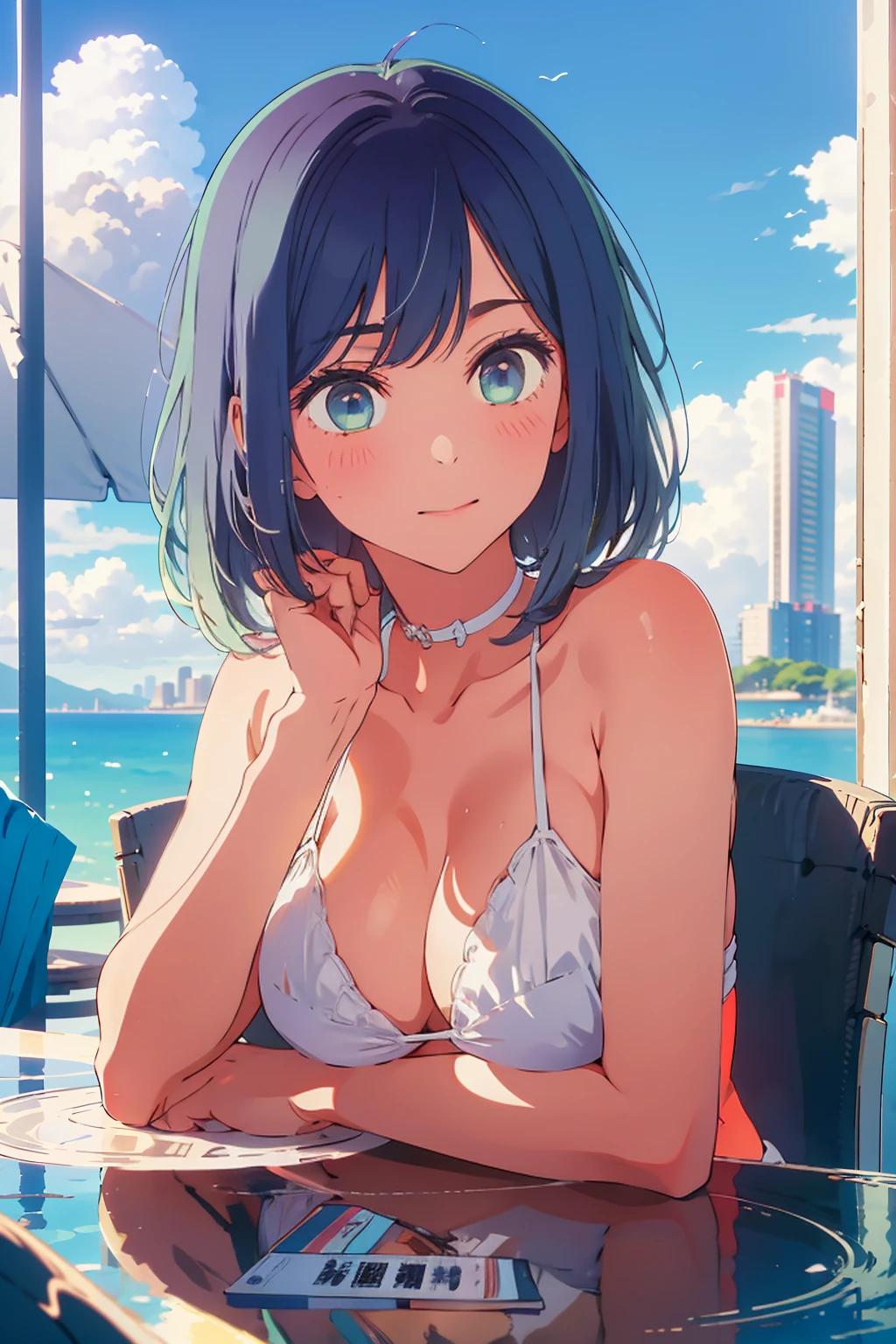 highest quality,8k,detailed,F cup bust、Big Breasts、Very cute face、Slim and beautiful arms、Slim body、Very white beautiful skin、((((1 person、looking at the camera、smile、Thin white bikini、smile、sit、In the background are the urban buildings of Tokyo、Outdoor café terrace、Drink juice、Cheek resting on hand、coastal、table))))、I can see the deep blue sky、She tilted her head slightly、The atmosphere is bright and lively、The woman is at the center of the image。
