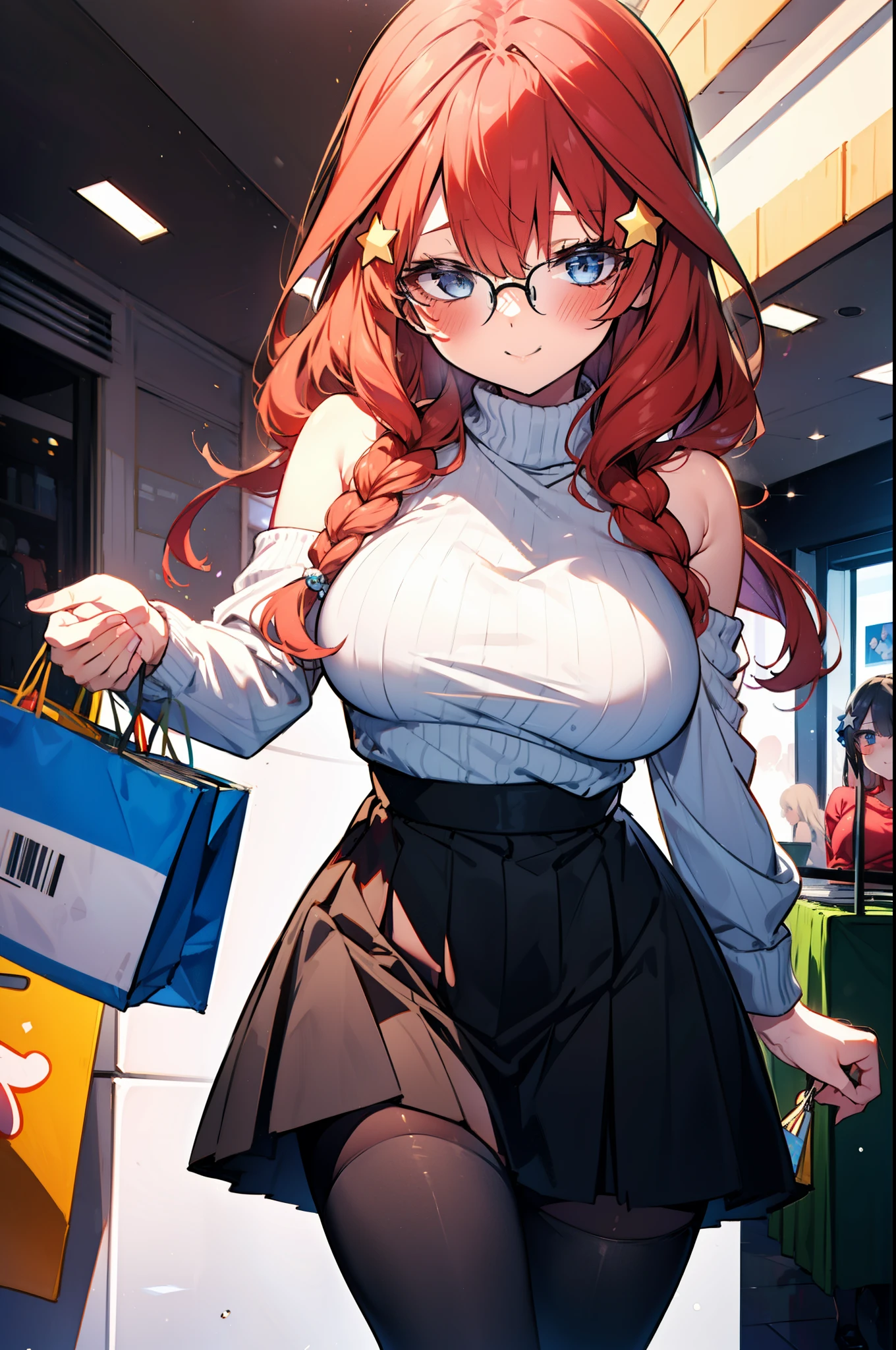 itsukinakano, Itsuki Nakano, bangs, blue eyes, Hair between the eyes, Ahoge, Redhead, star \(symbol\), hair ornaments, star hair ornaments,happy smile, smile, Open your mouth,blush,Akabuchi Glasses,Big Breasts,Long braids,One-shoulder sweater,Long skirt,Black pantyhose,short boots,Daytime,walking,whole bodyがイラストに入るように,crowd, people々々,
break indoors, Shopping mall,
break looking at viewer, whole body,(Cowboy Shot:1. 5) ,
break (masterpiece:1.2), highest quality, High resolution, unity 8k wallpaper, (figure:0.8), (Beautiful fine details:1.6), Highly detailed face, Perfect lighting, Highly detailed CG, (Perfect hands, Perfect Anatomy),