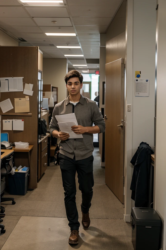 A neat boy stands carrying papers in front of a dirty office