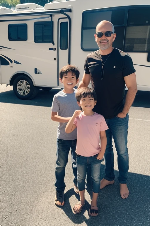 A father and two children playing in the RV