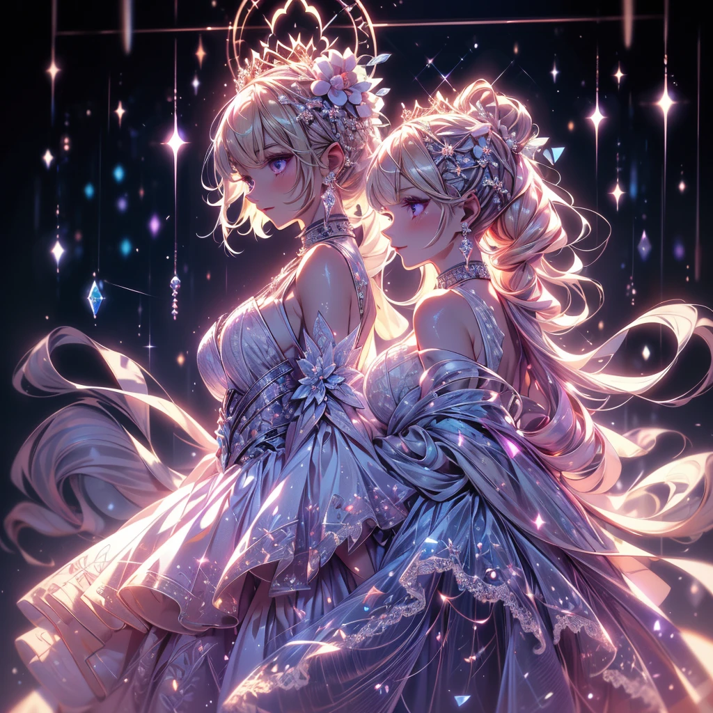(highest quality, masterpiece, Very detailed, Very detailed, Exquisite, 16k,Full HD),A little closer,Dramatic lighting,pastel colour,moonlight, Soft lighting, ((alone:1.5)),From the side,Beautiful night sky,Starry Sky,meteor,From above,((head shot)),Wake up,Lots of flowers,The whole screen is surrounded by flowers.,(Crystal Forest),(Fairy Princess, Purple eyes, Long eyelashes,White skin,slim,pale pink plump lips,Pale pink cheeks, blonde,thin and long,(thin and high nose,Small Nose),(腰の少しFrom above巨大な妖精の羽),elegant,Flower Magic,Diamond Tiara,Diamond Earrings,Diamond Earrings,Diamond Choker,White ball gown dress with diamonds, Lace and frills,(Laughter), (Fantasy, Romantic atmosphere), magic lights,