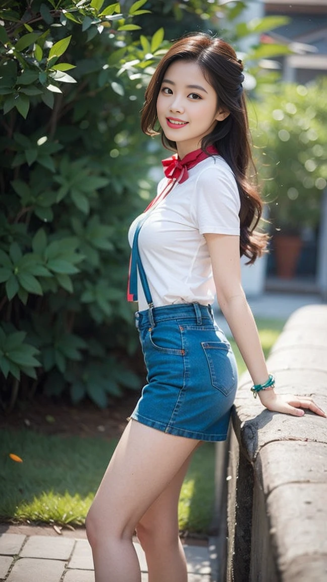 National Foundation， 8K Original Photo， Best quality， masterpiece， Ultra-high resolution， film grain， light， 1 Girl， Looking at the audience， Natural skin texture， Realistic eye and face details， Plump lips， Lipstick， （make up）， Red Eyeshadow， Fluffy long hair， messy hair， Smile， rejoice， 漂亮的leg， Tall women，  36 inch chest size, Smile, ， Slim_leg， solo， nipple， Position your butt towards yourself， miniskirt， Hindquarters， Beautiful natural scenery， Location of surrounding flowers， （Detailed background） ， A little bit through the shirt， Footwear， Vague的背景， Vague， Suspenders，， Short sleeve， Ribbon around neck， jk ribbon， Brown hair， bracelet， water， By Bangs， Jewel-like， Open lips， cOpen lipss， from the side， Printed silk skirt， Depth of Field，seaside，Rural，Suspenders，Standing，