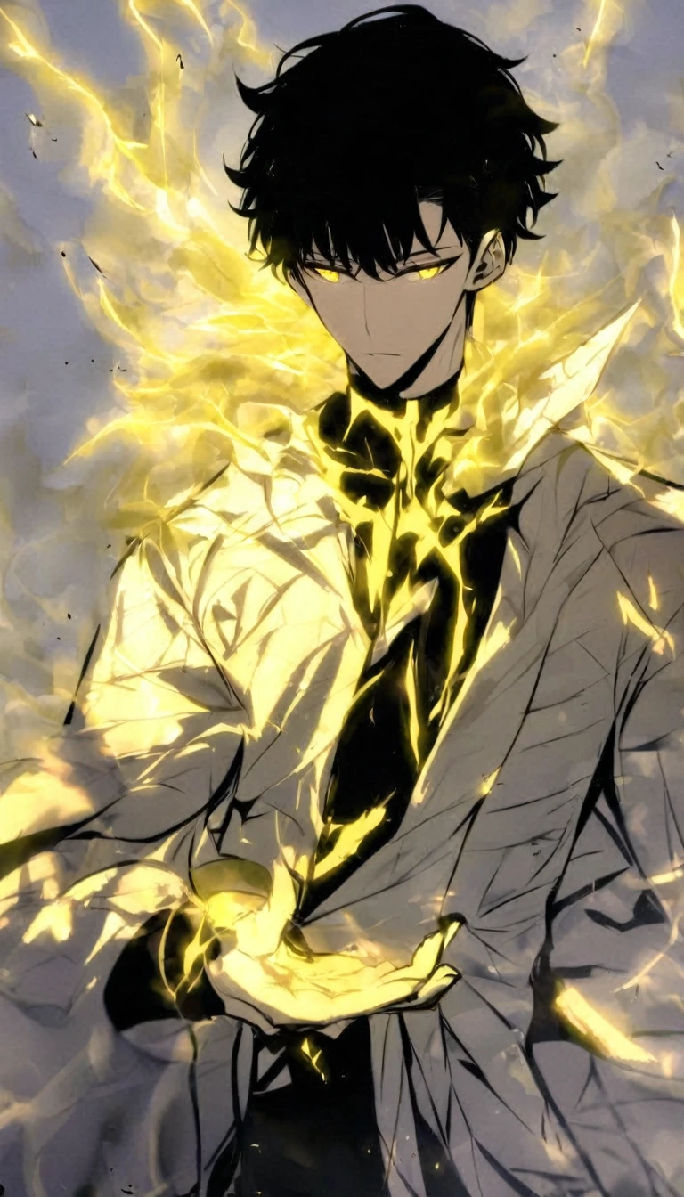 Handsome, alone, male, Short hair, Calm head, black hair, yellow eyes, black shirt, black pants, white coat, white flame, holding a katana in one hand, The blade glows yellow and white