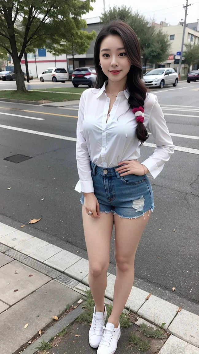  Wearing a white shirt， girl, （tight top：1.5），close your mouth and smile，legs long，Skinny super shorts，White skin of the，high high quality，4K, Face-to-face audience, 1 plump girl，hair tying up，at the street side，（Bring your legs together：1.5），with a round face， 32 inches in the chest, (sexy pose),(standing pose) ,(full body shot)、Chest 32 inches, ,Stand on the grass and take pictures