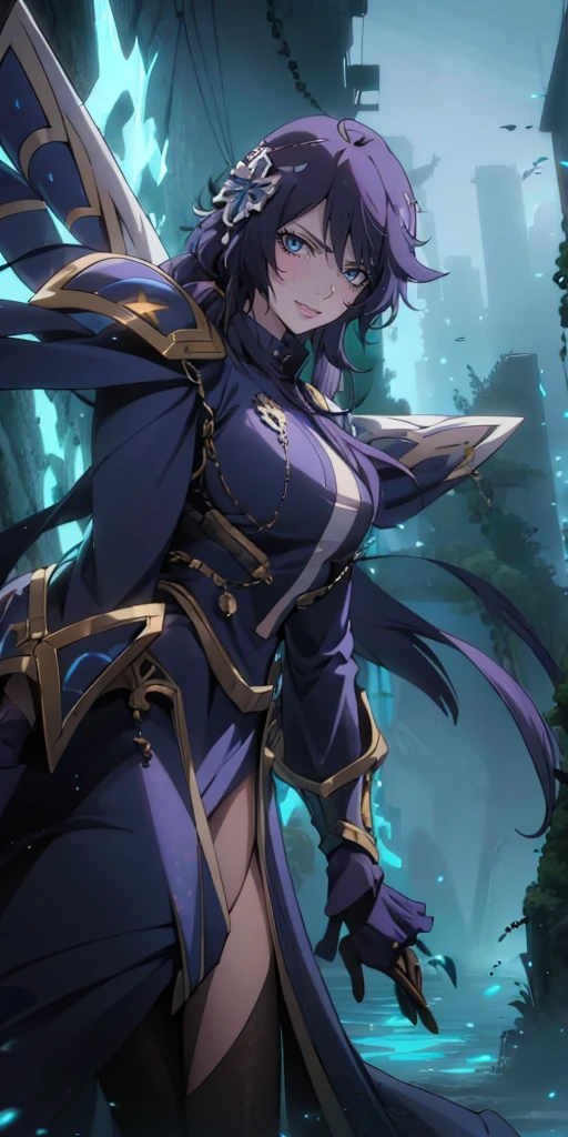 MC, ahoge, (long hari, purple hair:1.3), hair ornament, dark-blue eyes, anatomically correct, heavy breathing, mature female, an image of a female character from league of legends, by Kieran Yanner, phone wallpaper, dark lightning, smooth fuschia skin, female redhead templar, cinematic background, hollow eyes, bright pupils, dark-blue eyes, looking at viewer. glowing eyes heavy breathing, seductive smile, (steaming face:1.3), blush face, lips,