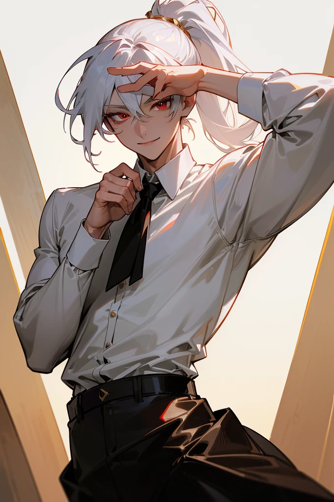 
(absurdres, highres, ultra detailed), 1man, 30 years old man, adult man, handsome, tall,, finely detailed eyes and detailed face, leather pants, (((white shirt))), smile, dutch angle, ((Long, White hair in a ponytail)), gold details, gothic, vampire, vampire prince, dark, looking at the view, pale skin, detailed eyes, (masculine), sexy, elegant, (((red eyes))), high quality eyes, well built body, sunny, sun, bright sky, proper hands, male
