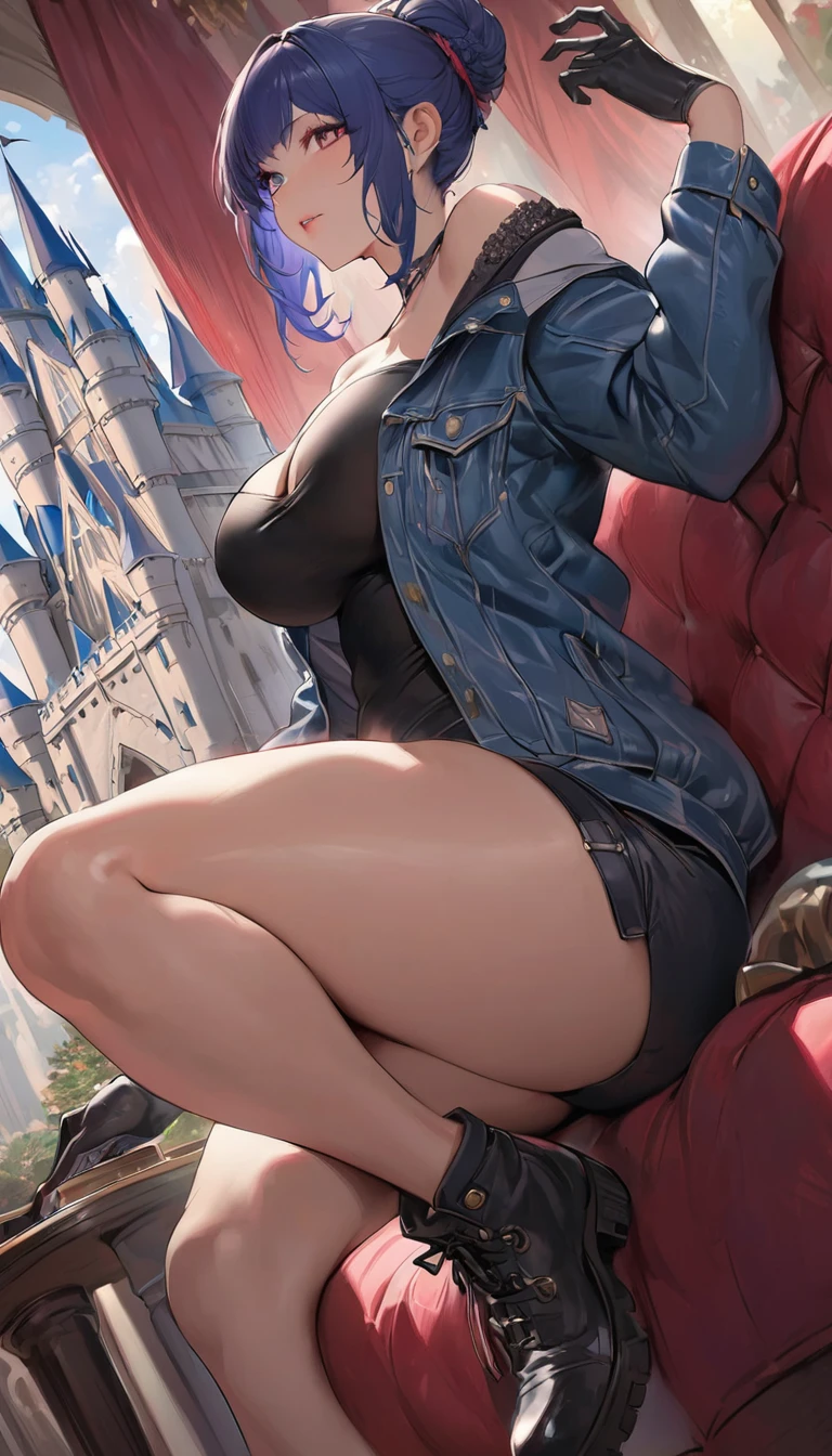 best quality,4k,8k,highres,masterpiece:1.2),ultra-detailed, extremely detailed eyes, extremely detailed body, (large masterpiece digital art), (detailed manga illustration), (detailed line art), ((perfect anatomy)), (intricate details:1.3), (ultra-detailed:1.3), (illustration:1.3), (sharp focus:1.3), (natural lighting:1.05), (vivid colors:1.3), (masterpiece), expressive eyes, perfect face, 1 girl, breasts, cleavage, gloves, large breasts, casual clothes, white shirt, tee shirt, denim jacket, jacket, {blue hair}, medium hair, wavy hair, (gray eyes), black denim shorts, shorts, dynamic pose, Huge ass, curvy, fur trim, hair bun, black ankle boots, cinematic lighting, heroic atmosphere, Beautiful woman, Atey Ghailan, Jeremy Mann, Greg Manchess, Antonio Moro, trend in ArtStation, trend in CGSociety, Intricate, High Detail, Sharp focus, dramatic and photorealistic painting art by Midjourney and Greg Rutkowski, Marvel Cinematic Universe style, (((mystical gothic castle in the background))),