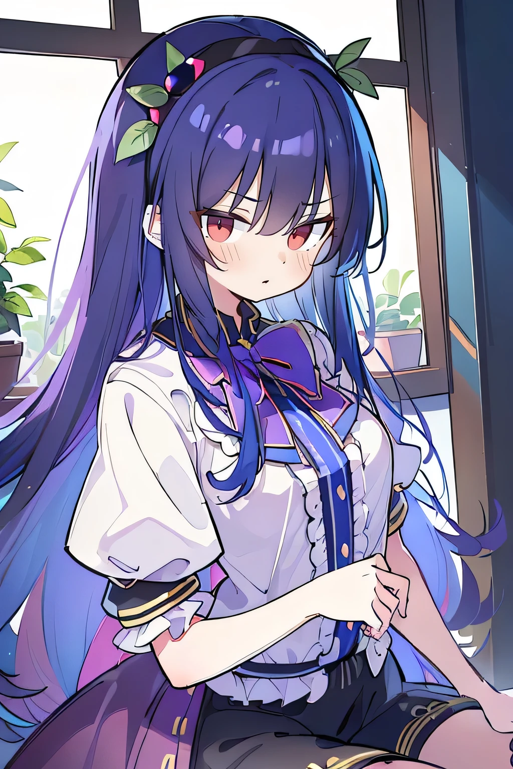 (Best Quality: 1.3), (Masterpiece: 1.3), (Illustration: 1.3), (Ultra Detailed: 1.3), (Imide Lens: 0.9), 1girl, Medium Breasts, Purple Eyes, ((Dark Blue Hair) ), hair accessories, young, clothing-gladiia, long hair, dark blue hair, indoors, black shorts, high socks, low ponytail, expressionless, upper body, close-up, coat, skirt,