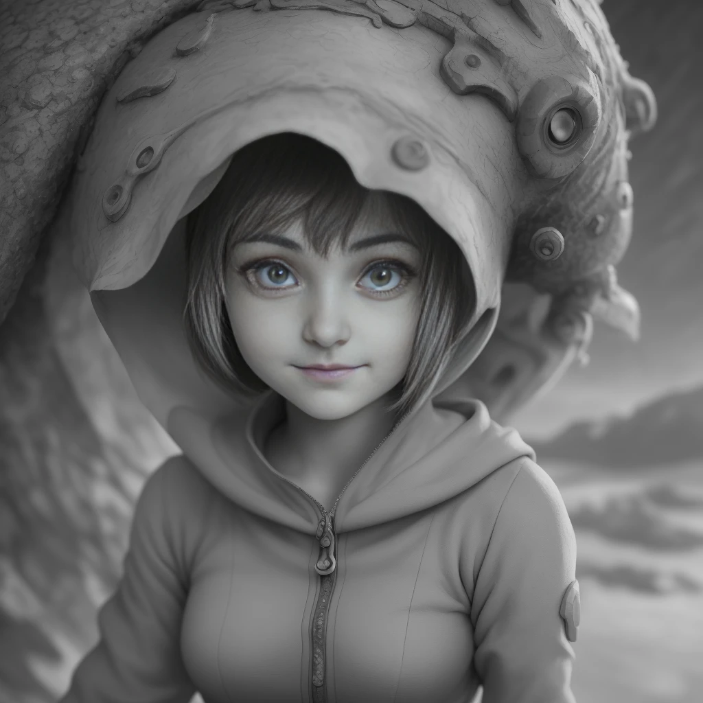 Nausicaä, Valley of the Wind, monochrome, greyscale, a detailed portrait of a single girl, gazing at the viewer with a melancholic smile, captured from the upper body.