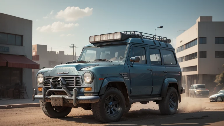 a dark bluish-gray metallic 4x4 1950s SUV driving through a fantasy urban landscape, no logos, detailed worm-like colors, a small building in the background, high detailed, color magic, saturated colors, color saturation, photorealistic, 8K, HDR