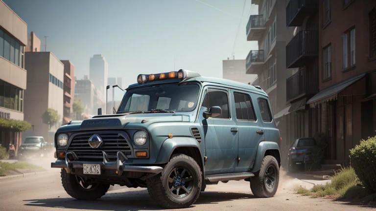 a dark bluish-gray metallic 4x4 1950s SUV driving through a fantasy urban landscape, no logos, detailed worm-like colors, a small building in the background, high detailed, color magic, saturated colors, color saturation, photorealistic, 8K, HDR
