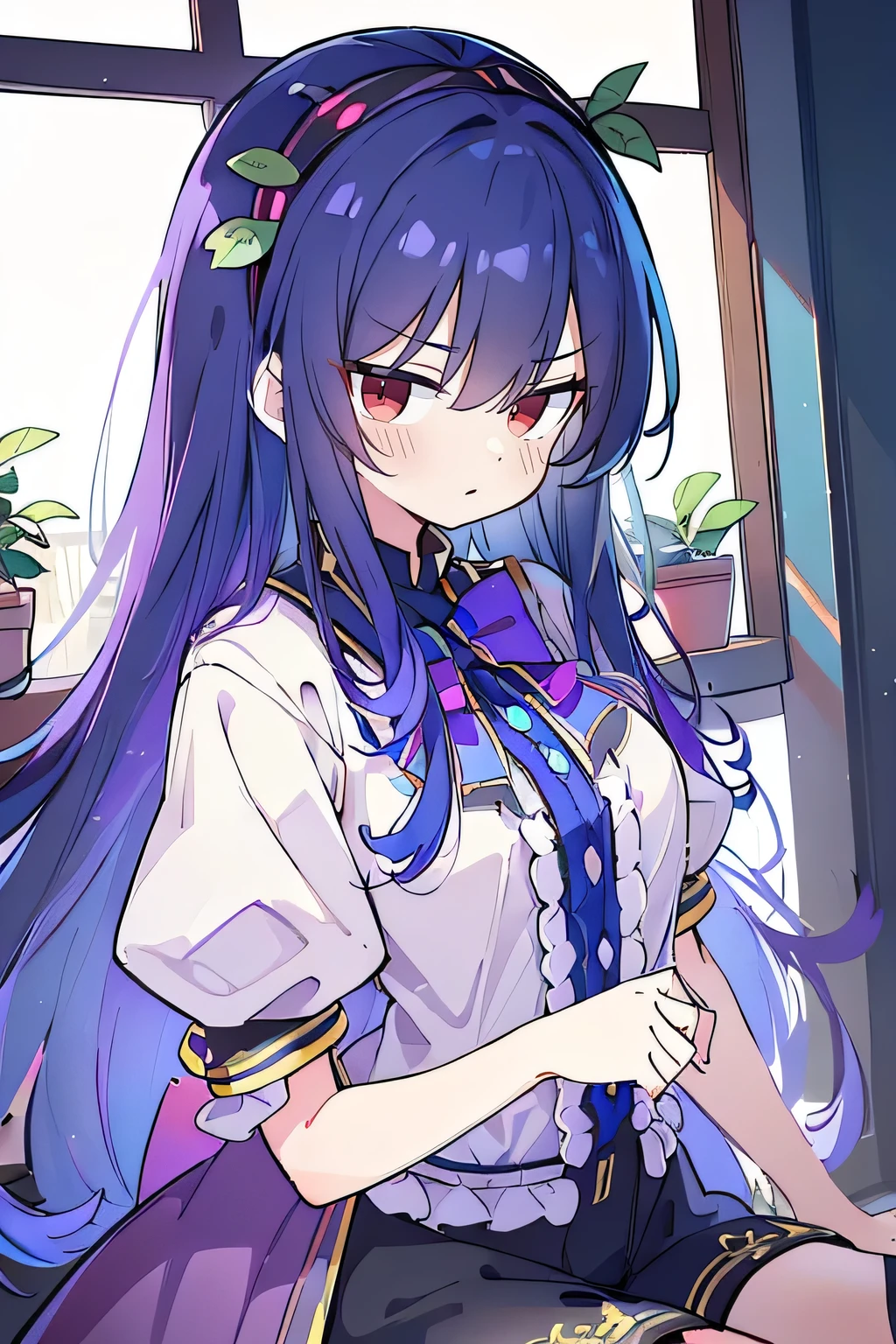 (Best Quality: 1.3), (Masterpiece: 1.3), (Illustration: 1.3), (Ultra Detailed: 1.3), (Imide Lens: 0.9), 1girl, Medium Breasts, Purple Eyes, ((Dark Blue Hair) ), hair accessories, young, clothing-gladiia, long hair, dark blue hair, indoors, black shorts, high socks, low ponytail, expressionless, upper body, close-up, coat, skirt,