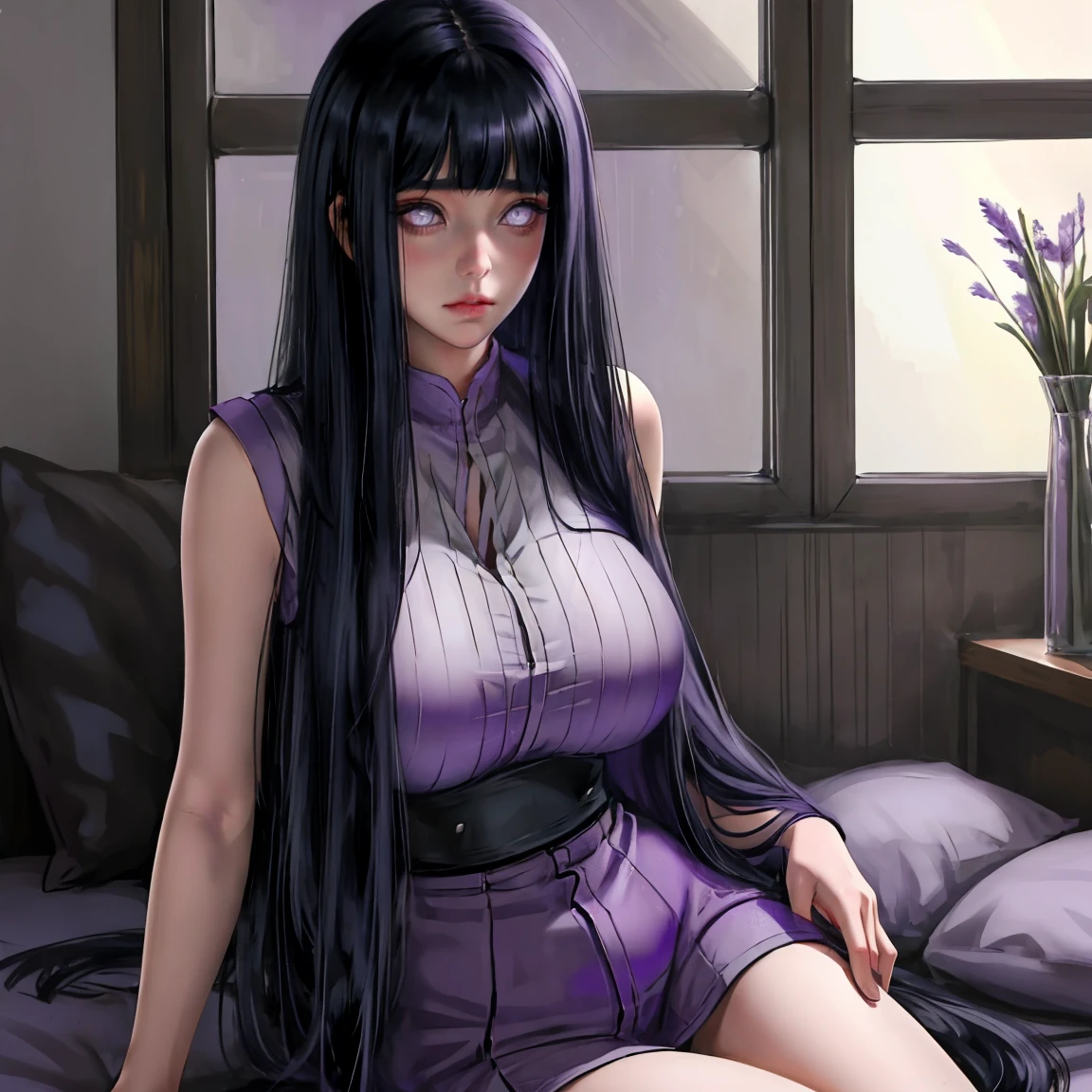 1girl, adult, Hinata Hyuga, the last, shy girl, long black hair, blunt bangs, dark hair, Voluminous hair, lavender eyes, no pupils, Lavender Sleeveless Blouse, big breasts, slim waist, masterpiece, best quality, Professional, realistic.