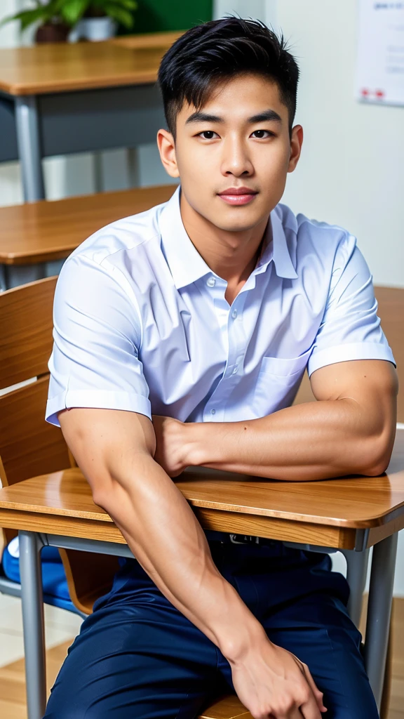Masterpiece, best quality, High quality, วอลล์เปเปอร์ CG unity 8k ที่มีvery detailed, depth of field, HDR,,photorealistic,very detailed, 1 man sitting on a chair, Asia, black short hair, , (Thai , white shirt), blue cargo shorts, chest muscles, Big arm muscles, blood vessel, big muscles, Broad shoulders, looking at the audience, Balancing the eyes, (Make eye contact) (In a modern classroom:1.3)