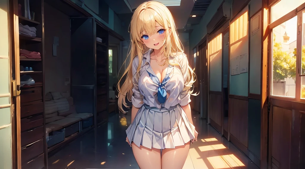 ((masterpiece、best quality、Super detailed))、A girl、gal、Blonde、pink gradient、long hair、curls、Light blue eyes、Evil smile、((Open your mouth and stick out your tongue))、Medium breasts、((White shirt))、Short sleeve、black tie、((Black pleated skirt))、Cowboy shooting、((bend over:1.2))、Shooting from the front,indoor,(Outside the door),corridor,Warmth